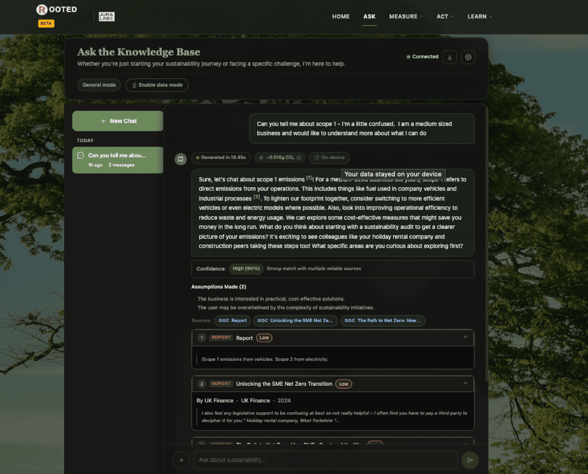 ROOTED AI-powered Q&A explaining Scope 1 emissions with cited sources, confidence score, and on-device processing