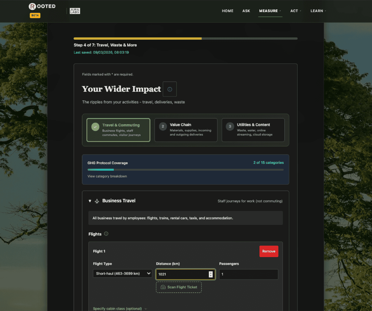 ROOTED emissions calculator showing Scope 3 business travel data entry with flight scanning