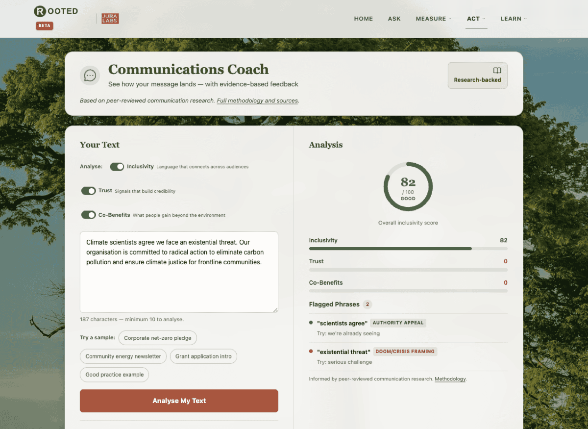 ROOTED Communications Coach scoring text for inclusivity with flagged phrases and evidence-based alternative suggestions