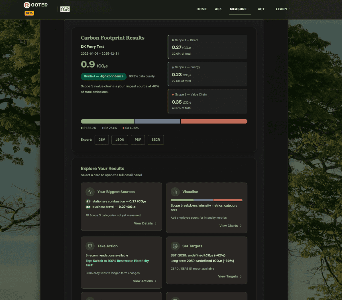 ROOTED carbon footprint results showing Scope 1, 2, 3 breakdown with export options and action cards